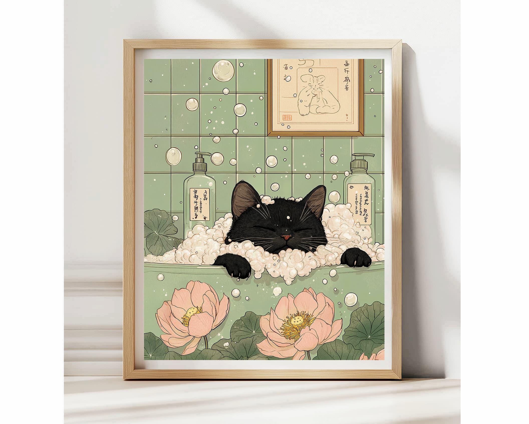 Black Cat in Bathtub Poster, Funny Cat Bathroom Decor, Japandi Wall Art ...