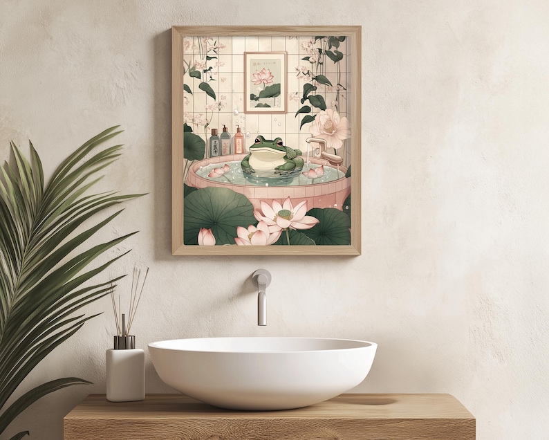 minimalist art with japanese frog in bathtub quirky animals