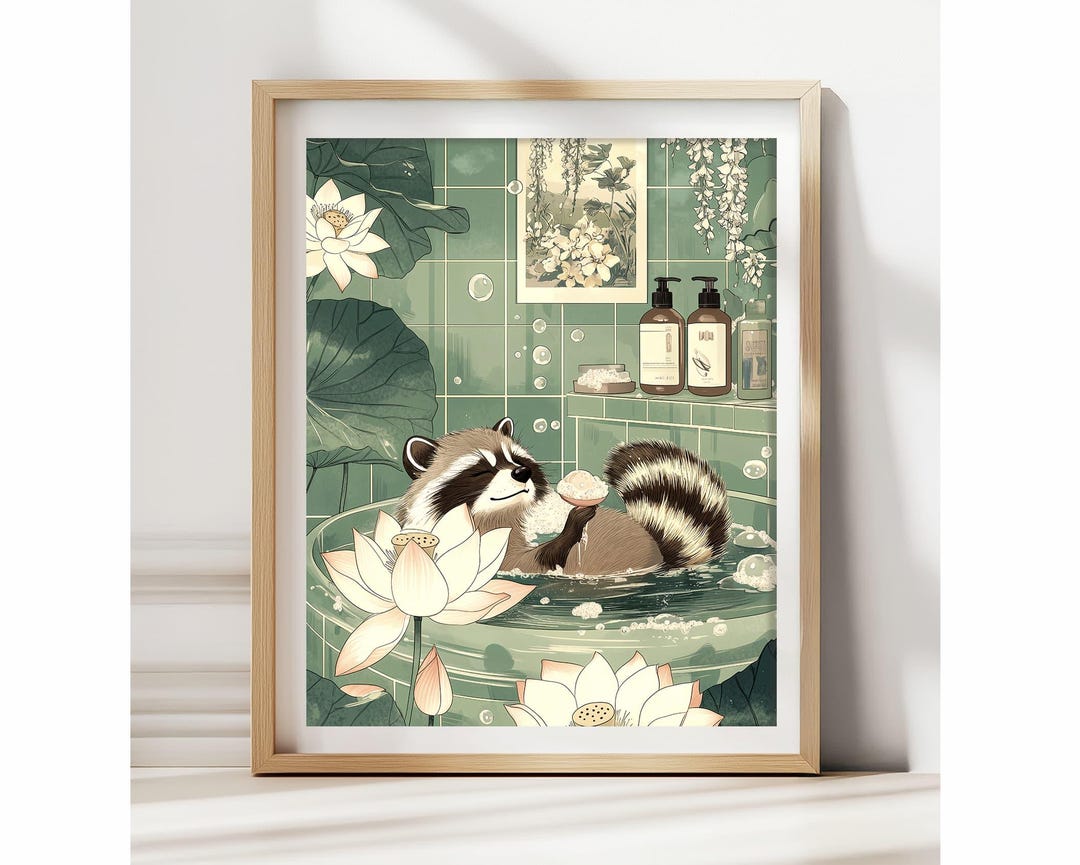 Raccoon Bathroom Poster, Raccoon in Tub Wall Art, Woodland Animal Print ...