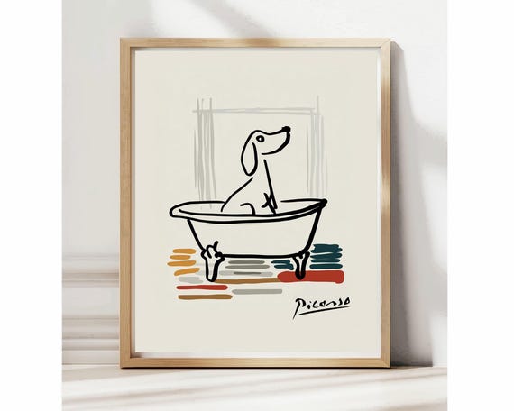 Dog Bathroom Picasso Poster, Picasso Print Golden Retriever Wall Art, Funny Minimalist Bathtub Print, Quirky Pet Decor