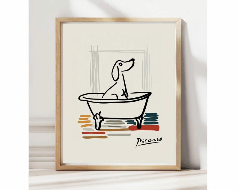 Picasso inspired dog in bathtub minimalist wall art