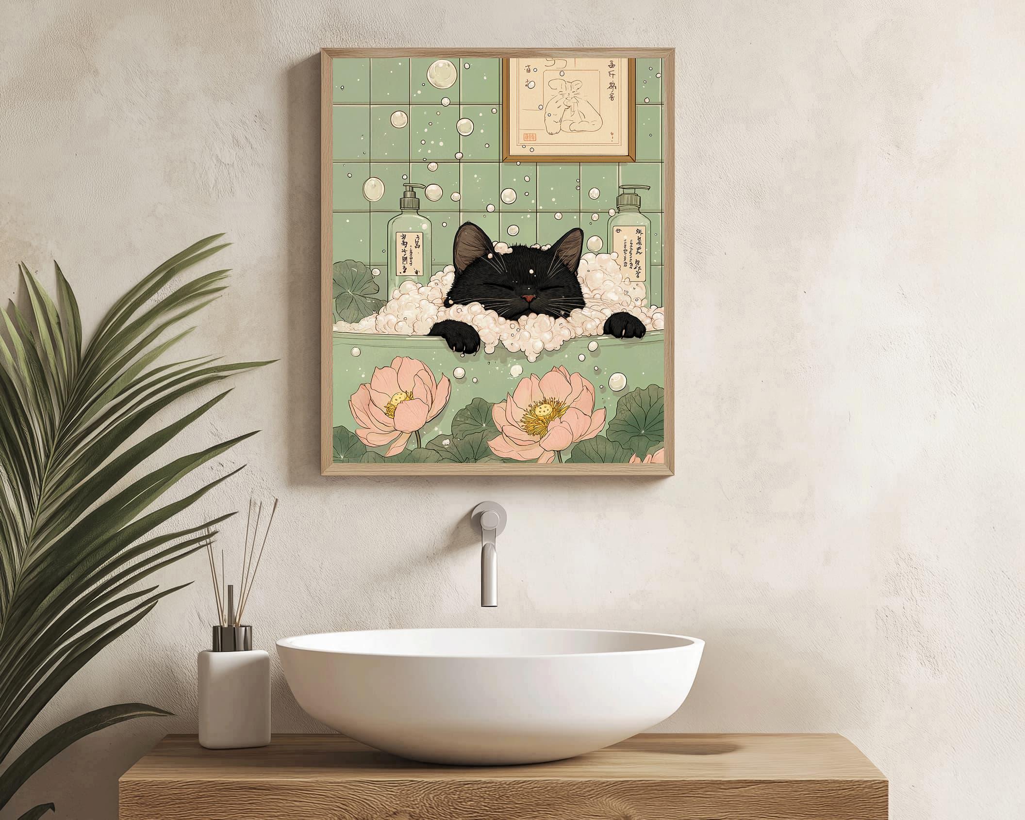Black Cat in Bathtub Poster, Funny Cat Bathroom Decor, Japandi Wall Art ...