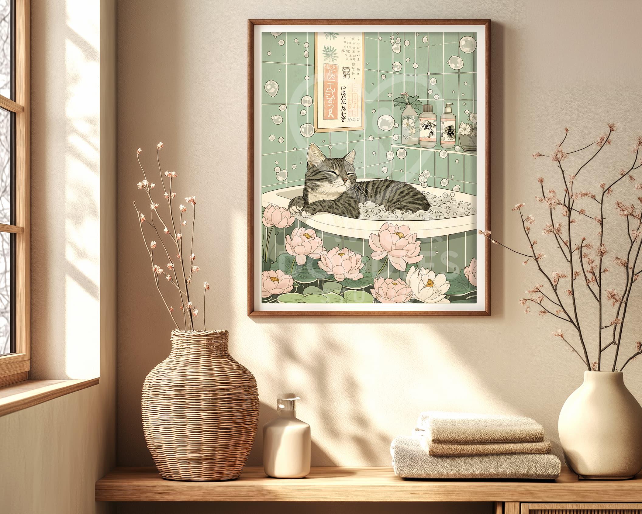 Gray Tabby Cat in Tub: Japanese-style Funny Bathroom Poster - Etsy
