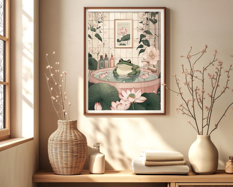 Japanese frog poster, ideal bathroom or Zen space decor