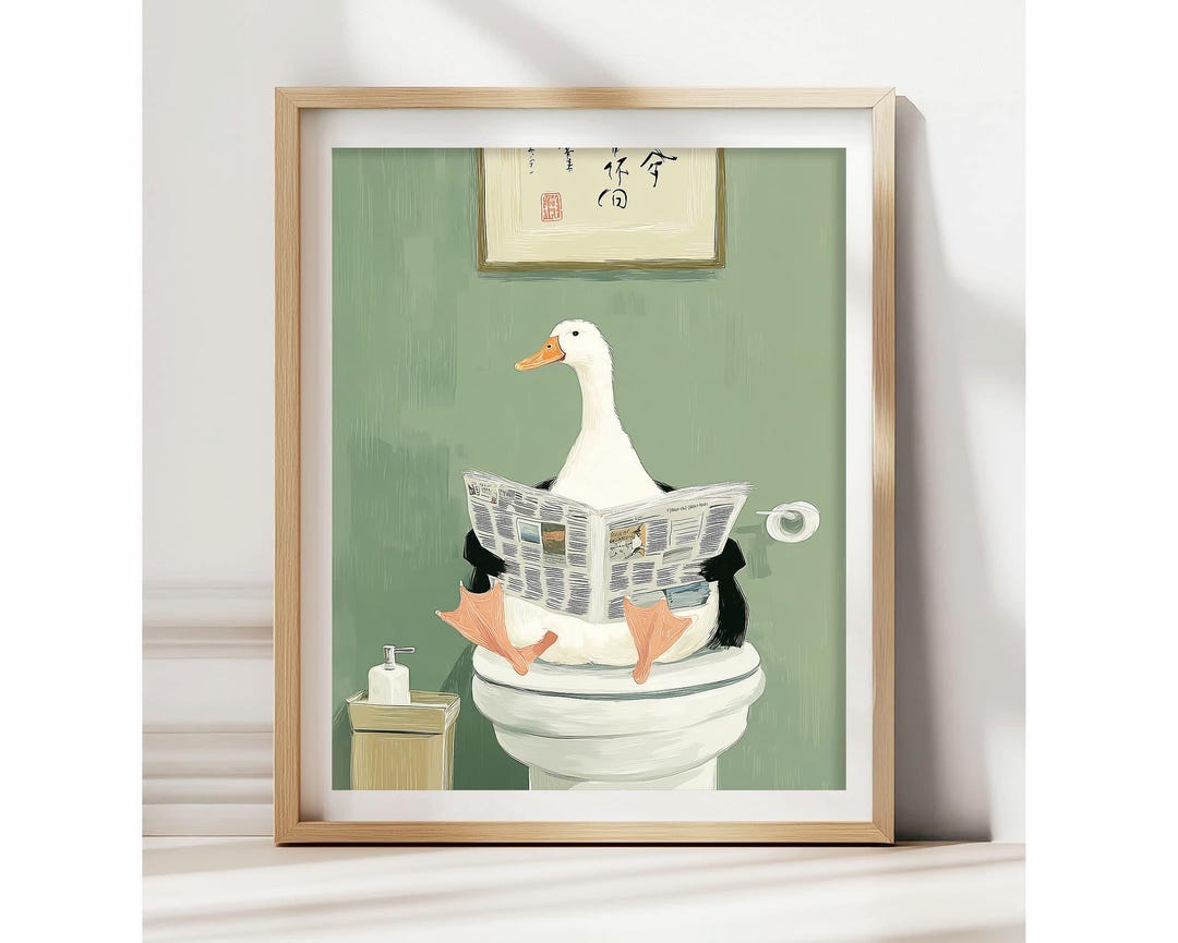 Funny Duck Bathroom Print, Duck on Toilet Reading Wall Art - Japandi ...