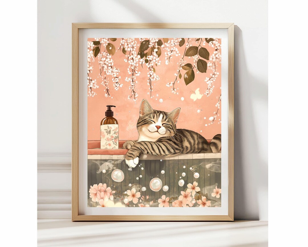 Tabby Cat Bathroom Poster, Funny Japanese Cat Wall Art, Zen Bath Decor ...