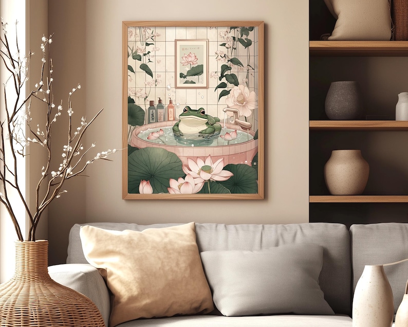Frog illustration in Japanese aesthetic art print