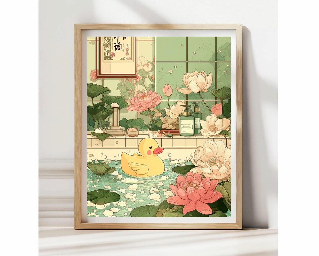 Rubber Duck Bathroom Poster, Japanese Minimalist Bathtub Wall Art ...
