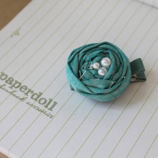 Rosette in  Turquoise - Rolled Fabric Rosette Hair Clip with Pearl . READY TO SHIP .