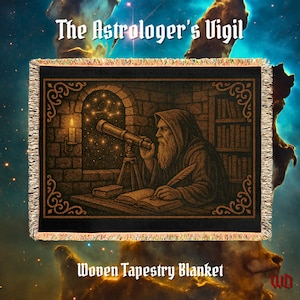 The Astrologer&#39;s Vigil Woven Tapestry Blanket, Cozy Throw for Stargazers, Magical Home Decor, Astrology Tapestry Blanket, Cozy Reading Throw