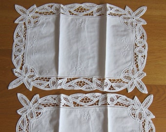 2 pieces - Oblong Table runners, Placemats - White Battenburg Lace with Embroidered details, Size 12 x 18 (Vintage, Brand New, Old Stock)