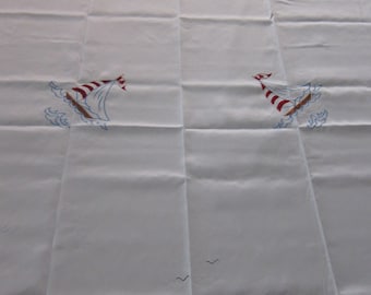 Medium Tablecloth with Lovely Nautical Design - Sailboat with flag of Canada, Lighthouse, Anchor - Oblong - 72 x 90 inches - Brand New