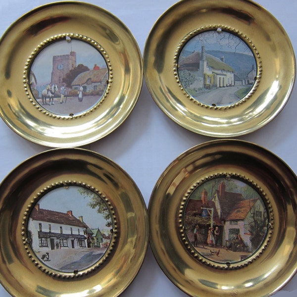 Set of 4 Vintage Round Brass Picture Frame Plates - Made in England - Set A - Brand New Old Stock