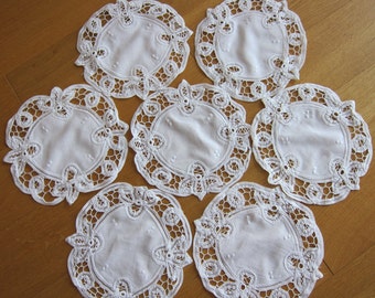 12 pieces - White Battenburg Lace Round Doily - 8 inch Cotton Almond Bombon Koufeta Baptism Favor Favour DIY Slow stitch - Vintage Brand new