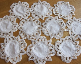 Vintage Battenburg Lace Round doilies 6 inch Beige Cream 100% Cotton Embroidered Wedding Favor Bonbon French cottage Brand New - 12 pieces