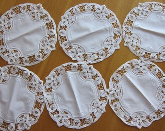 6 pieces White Battenburg Lace - 10 inches Round doilies (Vintage, Brand new, Old stock)