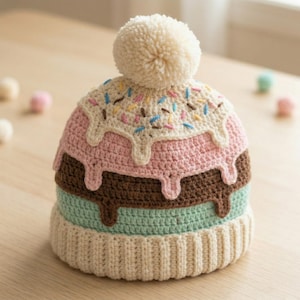 May include: A novelty crochet hat designed to look like an ice cream cone. The hat has layers of pink, brown, and mint green, with white 'drizzles' and colourful sprinkles. A cream pom-pom sits on top. A fun and quirky accessory, perfect for a gift.