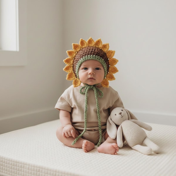 Handmade Crochet Sunflower Baby Bonnet, Newborn Photo Prop