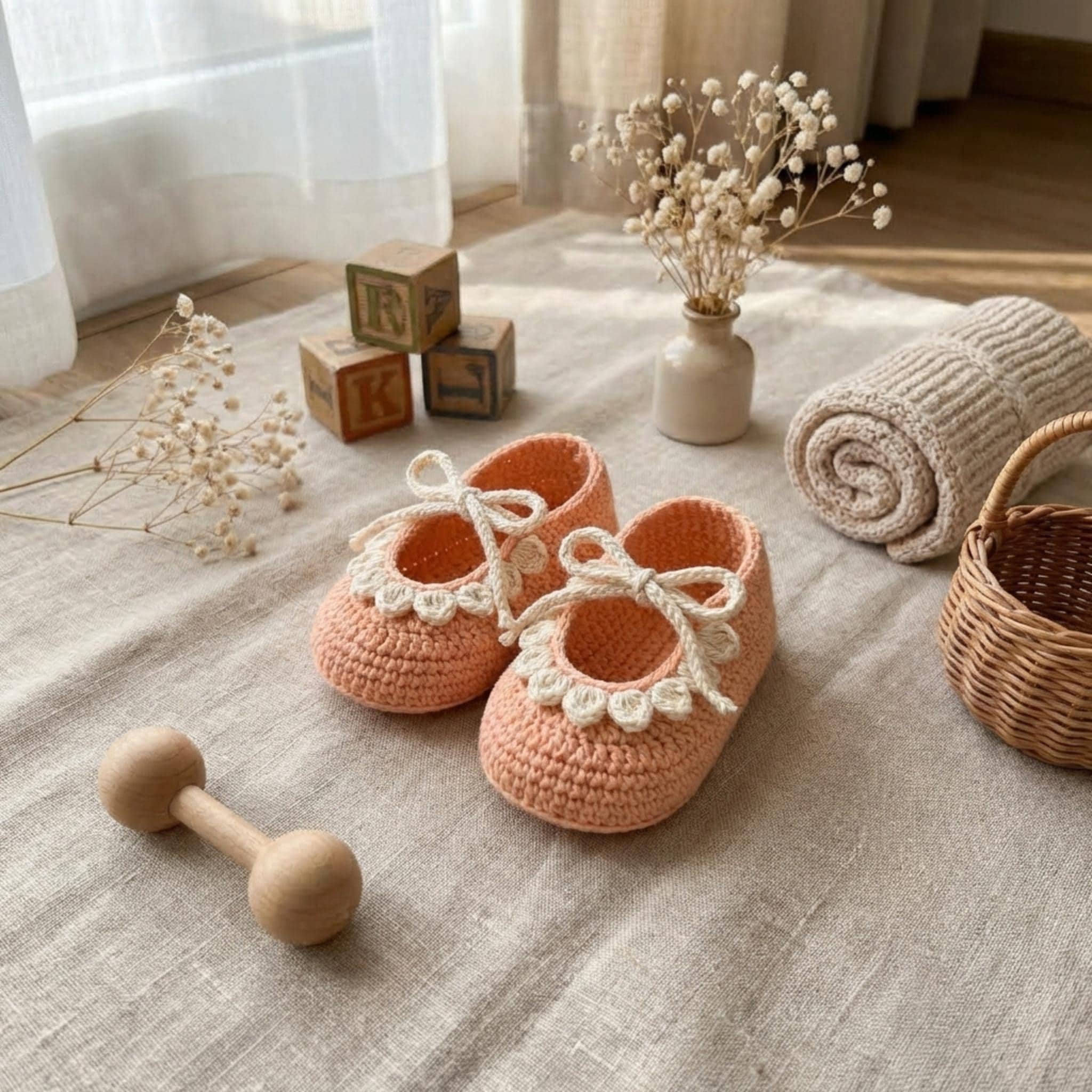 chaussures de bébé⸝⸝⸝⸝♡BOX付 Handmade Peach Crochet Baby Shoes With Bow Detail | Soft Booties