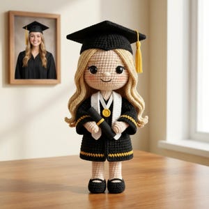 Può includere: Bambola di laurea all'uncinetto con cappello e toga neri con finiture dorate, che tiene in mano un diploma. La bambola ha i capelli biondi e un viso sorridente. Sullo sfondo è appesa una foto di laurea incorniciata.