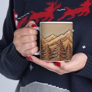 Mountain Forest Mug – Hand-Carved Style Ceramic Cup, Rustic Nature Coffee Mug, Outdoors & Hiking Gift