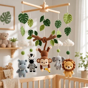 May include: A nursery mobile featuring a wooden cross frame with hanging crochet elements including a brown monkey holding a yellow banana, a gray hippo, a black and white zebra, a gray elephant, a yellow lion, white clouds, and green leaves.