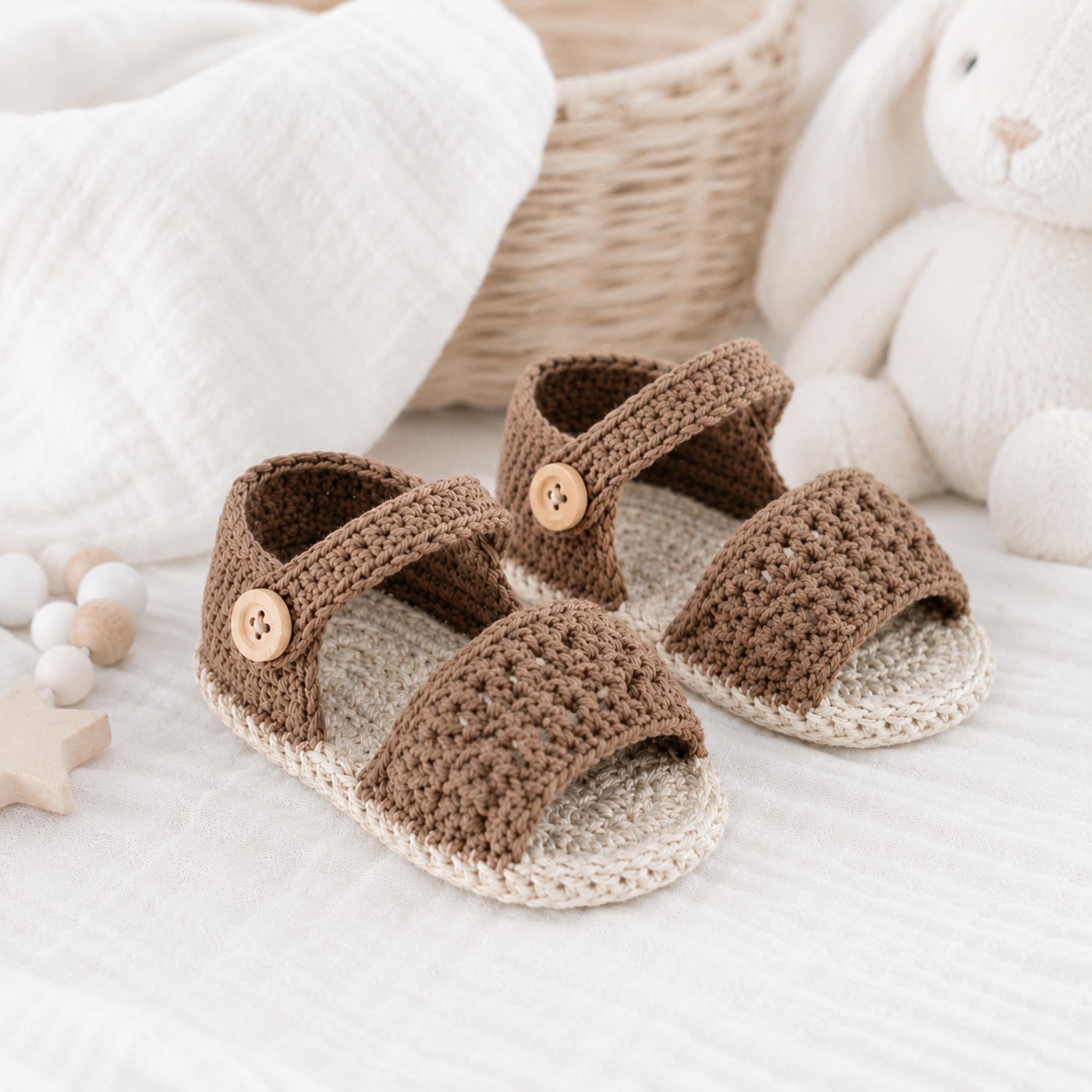 Handmade Crochet Baby Sandals, Mocha Brown, Mary Jane Strap, Wooden Button, Infant Summer Shoes