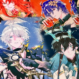 May include: A digital illustration featuring four anime-style characters. The characters have vibrant hair colors, including red, blue, and white. They are adorned in detailed costumes with intricate designs and accessories. The artwork has a dynamic composition with a fantasy theme.