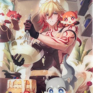 May include: An illustration of a person with blonde hair and red accents, wearing a chef's hat and apron, whisking batter in a bowl. A frosted cake with berries sits on a wooden stand. Animated creatures surround the person, adding a whimsical touch.