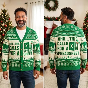 May include: A green and cream button-down cardigan featuring a holiday-themed pattern with pine trees and snowflakes. The text reads "OHH...THIS CALLS FOR A SPREADSHEET" alongside an Excel icon and various spreadsheet error codes like #DIV/0! and #N/A.