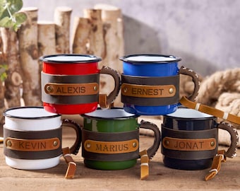 Personalized Leather Camping Mug with Handle,Retro Enamel Mug,Forest Coffee Cup,Name Camping Cup,Outdoor Mug,Christmas Gifts,Gift for Him