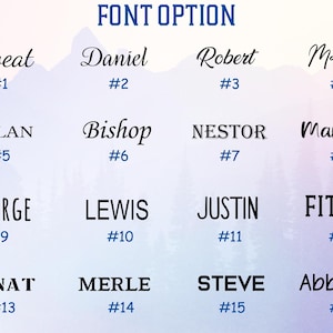 Puede incluir: Imagen que muestra una selecci&oacute;n de 16 estilos de fuente diferentes, cada uno etiquetado con un nombre y un n&uacute;mero. Las fuentes var&iacute;an en estilo, desde cursiva elegante hasta negrita sin serifa. El texto "FONT OPTION" est&aacute; en la parte superior.