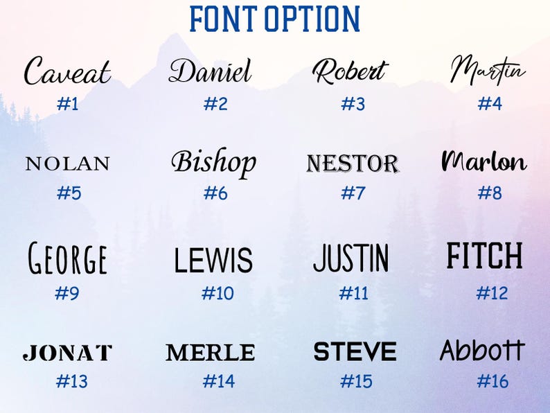 Puede incluir: Imagen que muestra una selecci&oacute;n de 16 estilos de fuente diferentes, cada uno etiquetado con un nombre y un n&uacute;mero. Las fuentes var&iacute;an en estilo, desde cursiva elegante hasta negrita sin serifa. El texto "FONT OPTION" est&aacute; en la parte superior.