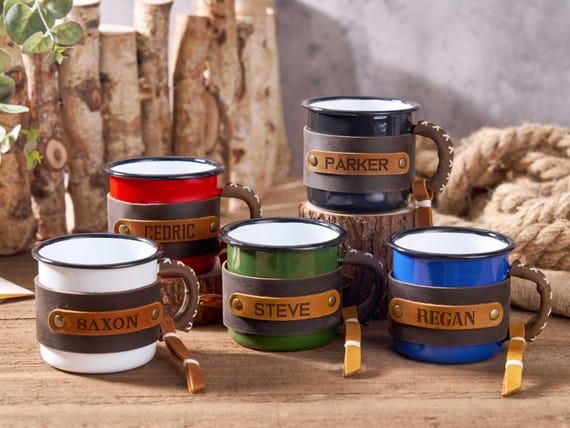 Personalized Enamel Camp Mug with Leather Sleeve,Enamel Mug with Name,Hiking Couple Mug Gift,Christmas Coffee Mug,Outdoor Camping Gifts