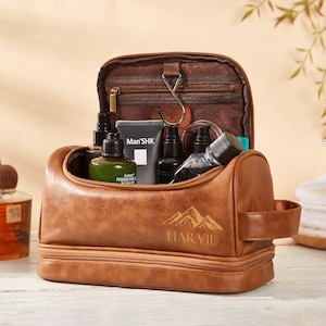 Laser Engraved Leather Travel Kit – Personalized Toiletry Bag for Anniversaries, Groomsmen,Dopp Kit,Groomsmen Gifts,Anniversary Gift for Him