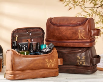 Gepersonaliseerde leren toilettas voor heren, cadeaus bruidsjonkers, gegraveerde dopp-kit, kerstcadeau voor hem, reistoilettas, leren accessoire