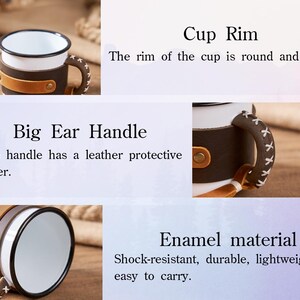 Puede incluir: Taza de esmalte blanco con borde negro y asa de cuero marr&oacute;n. El asa tiene una funda protectora de cuero. La taza es resistente a los golpes, duradera, ligera y f&aacute;cil de transportar.