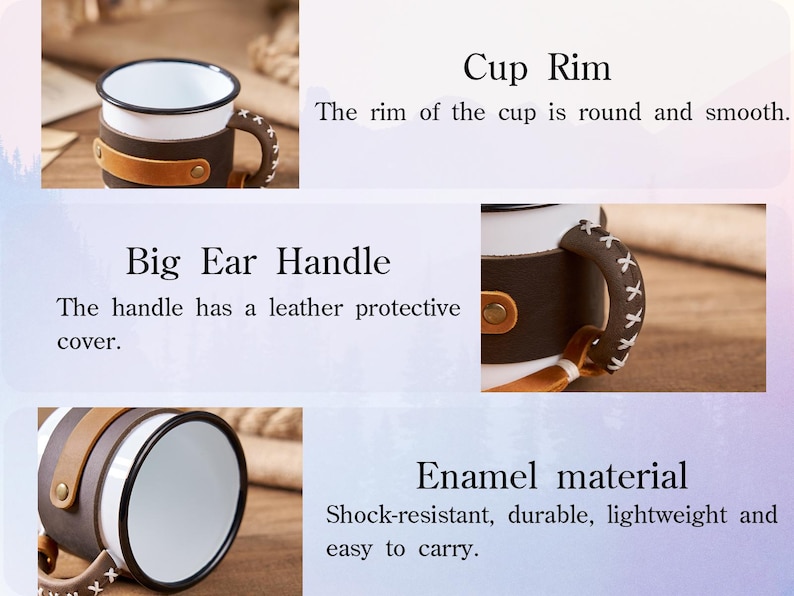 Puede incluir: Taza de esmalte blanco con borde negro y asa de cuero marr&oacute;n. El asa tiene una funda protectora de cuero. La taza es resistente a los golpes, duradera, ligera y f&aacute;cil de transportar.