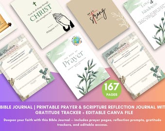 Bible Journal | Printable Prayer and Scripture Reflection Journal with Gratitude Tracker + Editable Canva File