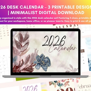 Pode incluir: Um laptop exibe um design de calendário de mesa de 2026 com detalhes florais. A tela mostra o texto "2026 Calendar" em uma escrita elegante. Designs de calendário adicionais são visíveis no fundo, com ilustrações em aquarela. A imagem inclui o texto "2026 DESK CALENDAR - 3 PRINTABLE DESIGNS | MINIMALIST DIGITAL DOWNLOAD."