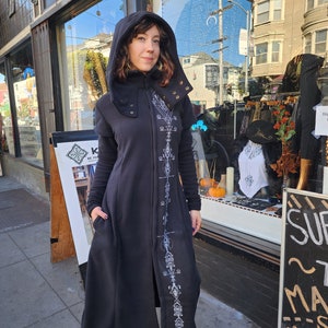 Long Jacket, lunar print large hooded long jacket, fleece jacket, Long Warm Coat, Festival jacket, burning man jacket, Pixie, fairly style
