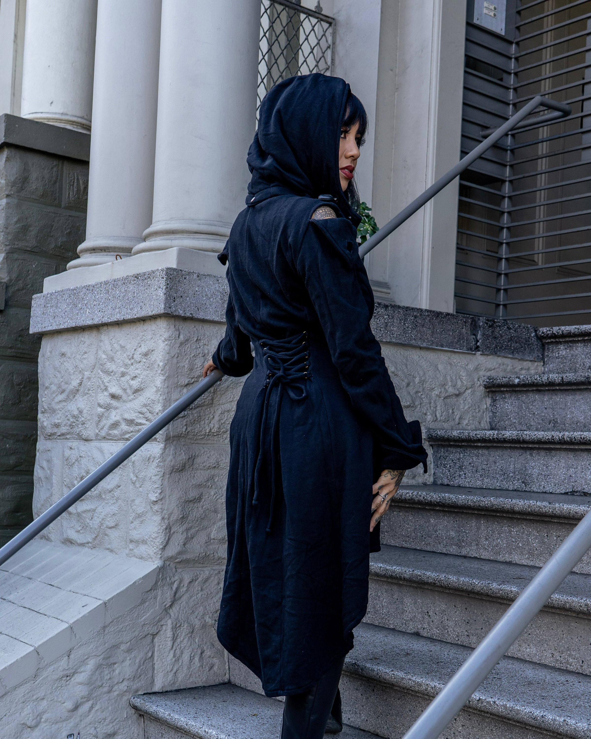 Kayo Anime Hooded Trench Coat, Peekaboo Shoulder, Gothic Steampunk