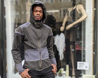 JEShifangjiusu Men's Hooded Faux Leather Multi-Pocket