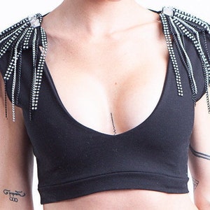 cropped top, V neck top, Sparkle epaulet Top, 80&#39;s fashion, Festival top, Burning man, epaulets, shoulder pads,Motor Bikes, Xena like