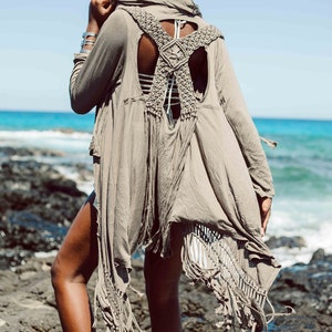 Fringe cardigan, Macrame, hooded cardigan, Festival outfit, burning man, bohemian, hippie chick, Pixie, Boho, resort wear