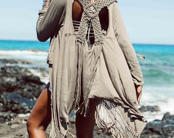 Fringe cardigan, Macrame, hooded cardigan, Festival outfit, burning man, bohemian, hippie chick, Pixie, Boho, resort wear