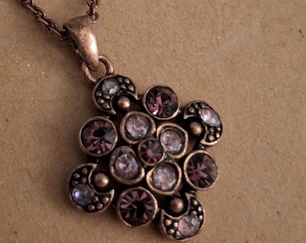 Avon Purple/Lavender Rhinestone Necklace, Copper Toned Chain