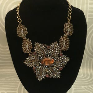 Vintage Joan Rivers Signed Floral Statement Necklace/Brooch with AB Rhinestones - *Read Description!