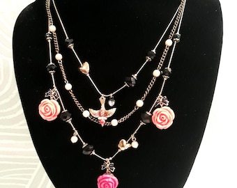 Vintage Signed Betsey Johnson 3 Layer Necklace; Floral, Pearl & Heart Charms, Rose Garden