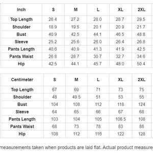 May include: Size chart showing product measurements in inches and centimeters for a sweatshirt and pants set. Measurements include top length, shoulder, bust, sleeve, pants length, waist, and hip sizes from S to 5XL.